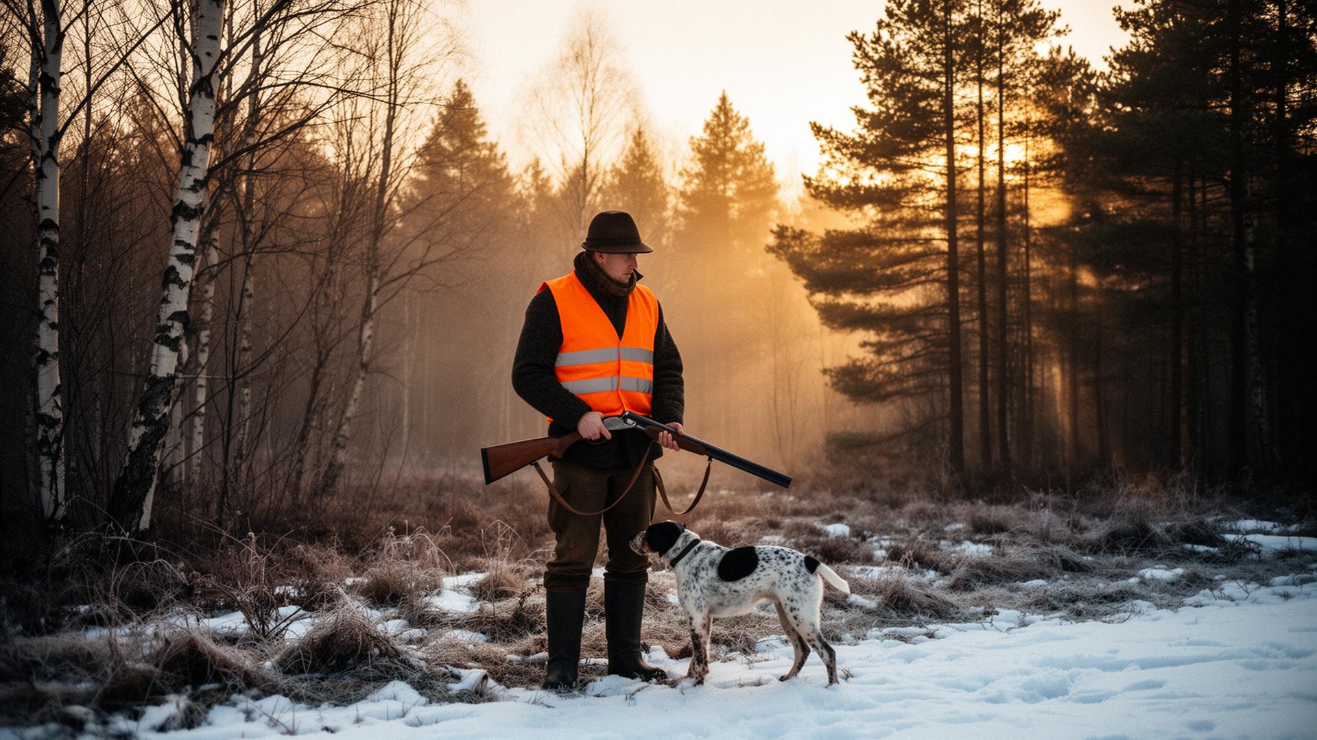 Jeger med hagle og hund i frostklart skogbryn ved soloppgang