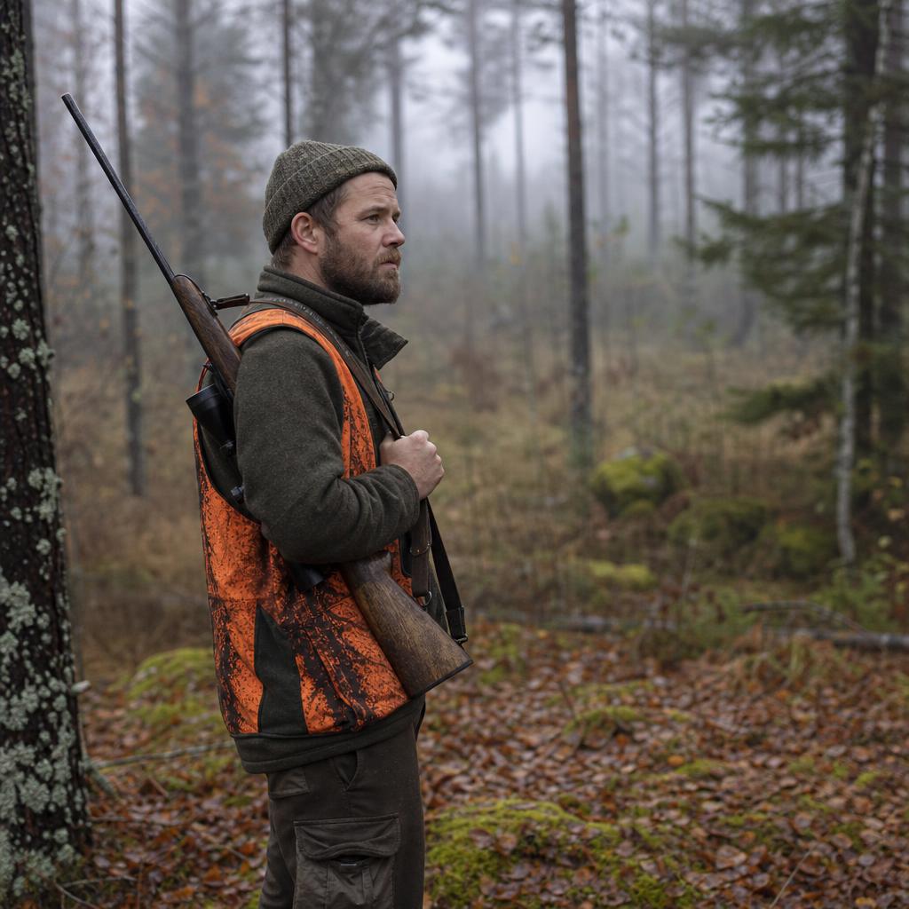 Norsk jeger med rifle og oransje sikkerhetsvest i tåkete høstskog
