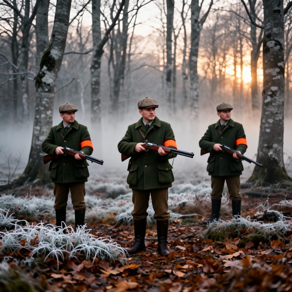 Rekke jegere på post i frostklart skogbryn under drivjakt