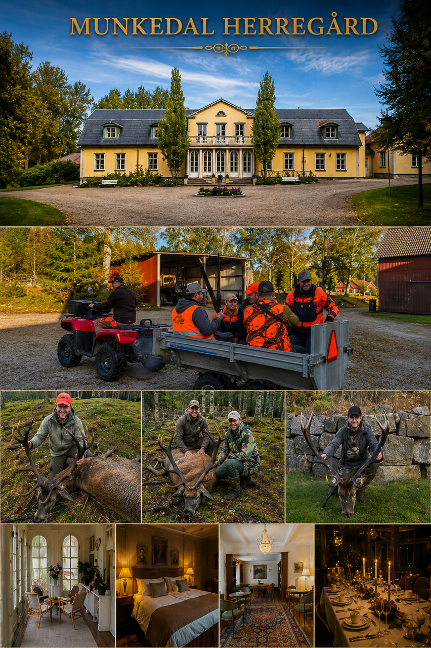 Herregården i Sverige som er base for hegnjakten — gul fasade med hvite vinduer omgitt av grønne trær